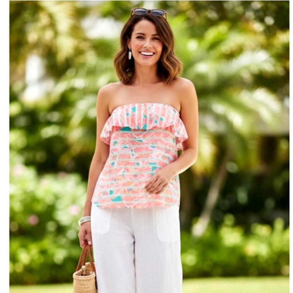 Lilly Pulitzer Wakely Ruffle Top Strapless Tank Top Coral Stripe Womens M Cotton